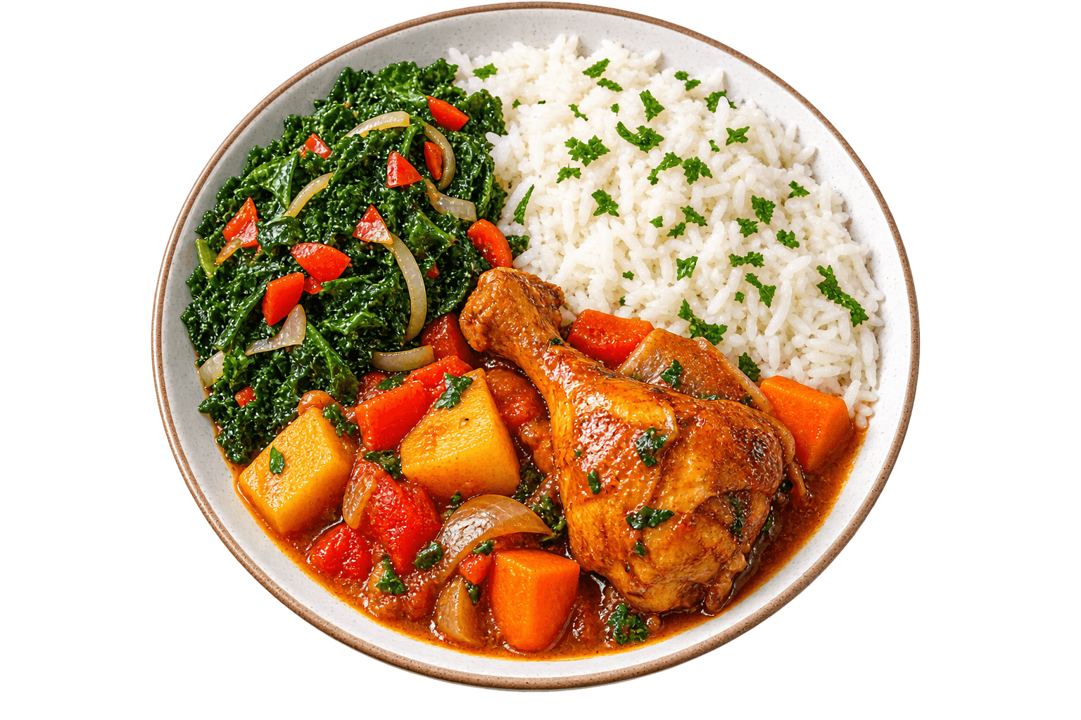 Chicken stew, rice & greens
